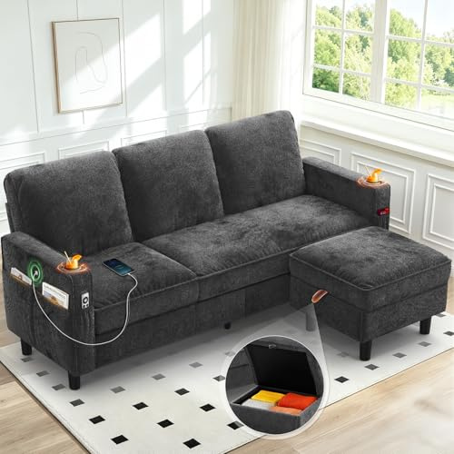 3 Seater Corner Sofa with Movable Storage Ottoman, Built-in USB & Type-C Charging Ports, 2 Cup Holders, Modern Fabric Small Space Convertible Chaise Lounge Couch for Living Room (Dark Grey)