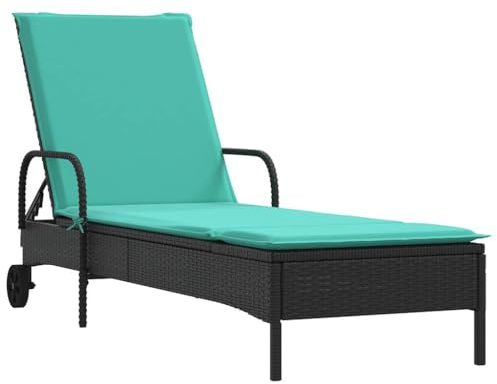 Nqyjm Poltrona da giardino con schienale regolabile a 3 vie, sedia a sdraio con ruote e cuscino, in polyrattan nero, sedia a sdraio, sdraio e spiaggia, per giardino, terrazza, balcone, piscina