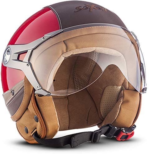 Soxon® SP-325 Urban „Red“ · Jet-Helm · Motorrad-Helm Roller-Helm Scooter-Helm Moped Mofa-Helm Chopper Retro Vespa Vintage Pilot · ECE 22.05 Visier Leather-Design Schnellverschluss Tasche S (55-56cm)