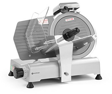 HENDI Aufschnittmaschine, mit Teflonbeschichtung, Messerdurchmesser: 250mm, einstellbare Schnittstärke (0-8mm), Allesschneider, Fleischschneider, 230V/150W, 494x402x(H)398mm, Aluminium, Edelstahl