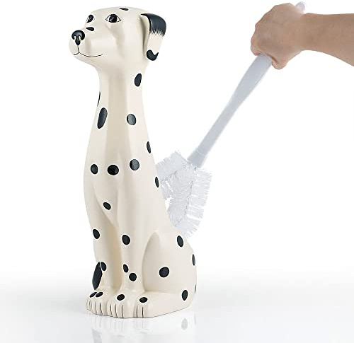 Allure Home Creation dalmatiner hund vit och svart 2-delad keramisk toalettborsthållare med vit plasthandtag, 23,9 cm x 13,5 cm x 42,4 cm