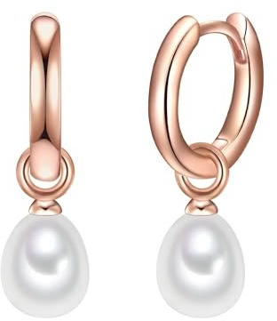 Valero Pearls Damen Klappcreolen 925/- Sterling Silber rosévergoldet | Süßwasser-Zuchtperlen,Perlengröße 6-7 mm,Tropfenform,weiß,Creolen,Rosegold,Perlenanhänger,Ohrschmuck,Perlenohrringe