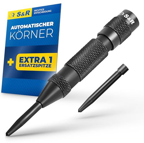 S&R Automatischer Ankörner 50-100 N, 130 mm, Federkörner mit 1 Ersatzspitze, Cr-V, Automatikkörner gerändelt, robuste langlebige Vollmetall-Ausführung, für Metall, Holz, Stein, Kunststoff uvm