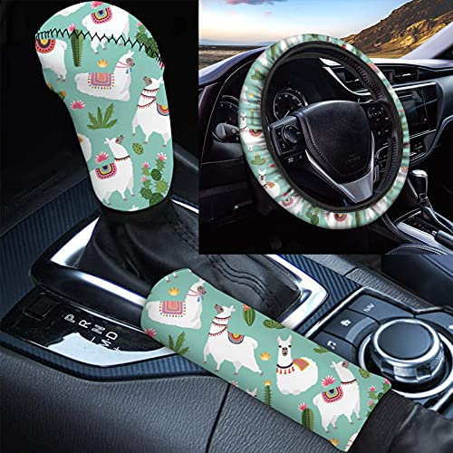 Wanyint Botanischer Kaktus Alpaka Lama Druck Auto Lenkradbezug für Damen Herren Lustiges Tier Auto Bequeme Handbremse Schaltung Abdeckung Griff Abdeckungen