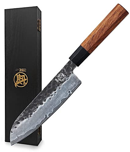 MITSUMOTO SAKARI 19 cm Coltelli da Cucina Professionali, Coltello da Cucina in Acciaio ad alto Carbonio, Coltello Santoku Forgiati a Mano (Manico in Palissandro &Scatola di legno Boutique)
