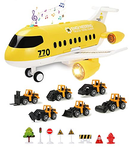 Jenilily Fahrzeuge Flugzeug Spielzeug Auto mit Verkehrsschilder Kleinkind Baufahrzeug Transporter Spielzeugautos Set Kinder Jungen ab 3 Jahre