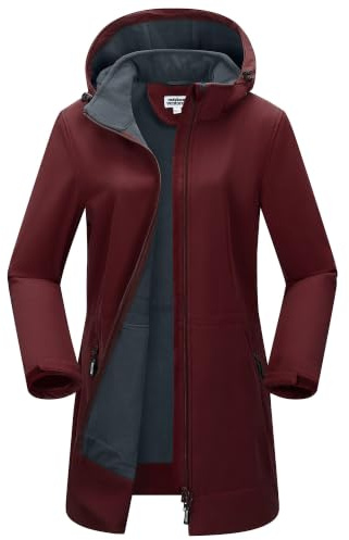Outdoor Ventures Dam softshell lång jacka med huva fleece fodrad vindtät jacka för kvinnor vattentät vindjacka, Mörkröd, L