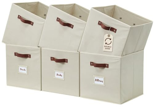 DECOMOMO Storage Bins, Cube Storage Bin with Labels, Fabric Storage Cubes for Shelves (10.5 x 11 / 6pcs, Beige)