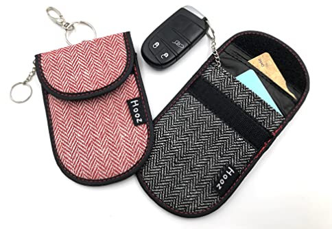 Hooz Faraday Pouch for Car Keys - Set of 2 RFID Blocking Key Holder Storage for Credit Cards, Keyless Fobs - Anti-Theft Protector Against Signal Skimming - Keyring & Hook For Hanging - Black & Red