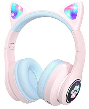 VuyKoo Cuffie Bluetooth per bambini con microfono/illuminazione LED, Cuffie Wireless limitatore 85dB, Cuffie On-Ear pieghevoli per Smartphone/scuola/scrivania/PC/Kindle (Rosa e blu)