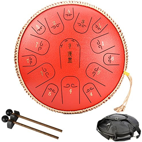 Tongue Drum Zungentrommel Scheibentrommel Steel Pan Töne 15 Noten 14 Zoll C-Dur Schlaginstrument Hand Pan Drum Mit Trommelstöcken Tasche Für Meditation Yoga Klangheilung,Rot