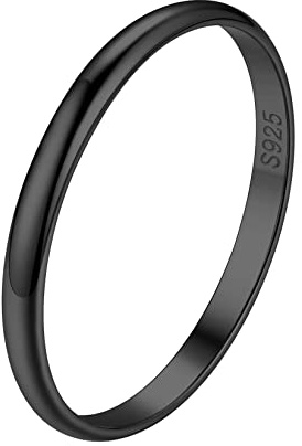 Suplight Anillo Plata de Ley 925 Mujer 2mm Anillo de Compromiso Negro Fino Talla 19.75 Caja de Regalos