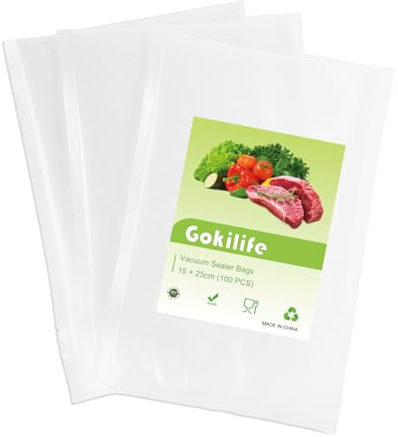 Gokilife Vacuum Sealer Bags - 15x25cm 100 Bags Commercial Grade Textured Food Vacuum Sealer Bag, Thick Embossed Bags Upgrade Design Pre-Cut Bag BPA Free for Food Storage and Sous Vide Cooking