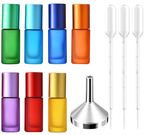 Roll on Botellas de cristal para aceite esencial, 7 unidades de 5 ml, botella vacía con rodillo de acero inoxidable, bolas con jeringas y embudo para aceites esenciales, perfumes, lociones, masaje,