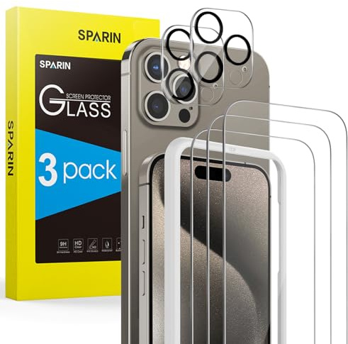 SPARIN Hartglas für iPhone 15 Pro 6,1“, 3 schutzfolie und 2 Kameraschutz | Schutzglas mit Werkzeug zur einfachen Ausrichtung, kompatibel mit Schutzhülle