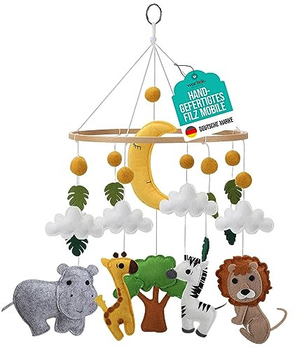wortek Mobile Baby Mobile Babybett Mobile Wickeltisch - mit Safari Tieren aus Filz - Baby Mobile für Bett Baby Windspiel zum Aufhängen - Babymobile Bettglocke Babyzimmer Deko Junge und Mädchen