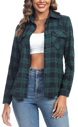 Irevial Karierte Bluse Damen Langarm Button Down Boyfriend Hemdbluse Grün L