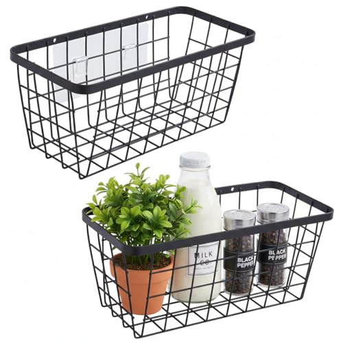 2 Pack Hanging Wall Basket Organizer Over the Cabinet Door Wire Baskets for Organizing -Space-Saving Hanging Baskets for Organizing Wall Mount Storage,No Drilling Adhesive Wall Storage Basket, Black