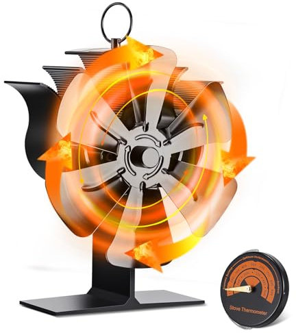 Jasfyee Log Burner Stove Fan - 6 Blades Heat Powered Silent Circulating Warm Air Fan for Wood/Log Burner/Fireplace - Eco Friendly Fuel Saving With Thermometer