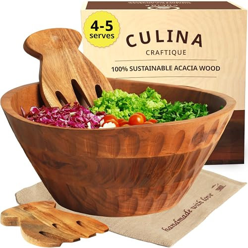 Culina Craftique Wooden Salad Bowl - 11 Large serveware set w/serving utensils & table placemat — Easy to clean — Acacia wood bowls for food | fruits | Hosting | Modern kitchen decor | gifts