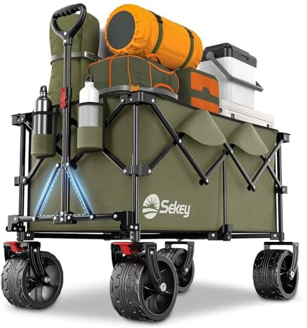 Sekey 200L Folding Festival Trolley with All-Terrain Extra Wide Wheels and Brake, Heavy-Duty Cart Loadable up to 150KG, Patented Four-Directional Foldable Design, Wagon for Beach Camping, Olive Green
