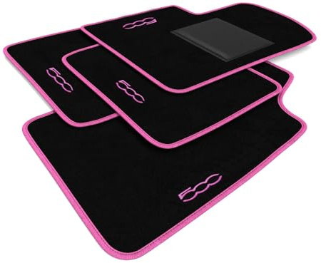 DHCarMats | Alfombrillas de Auto para 500 Desde 2010 Bordado Borde Rosa | Alfombrillas de Auto Alfombra a Medida | Accesorios de Coche - Conjunto Completo Anterior y Posterior