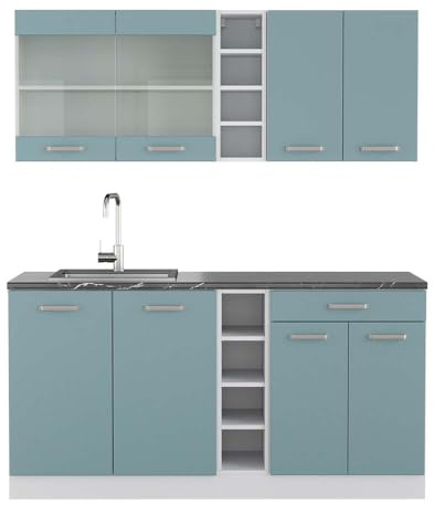 Vicco Singleküche R-Line, Blau-Grau/Weiß, 160 cm | 6 Module · Höhenverstellbare Füße · AP Anthrazit inkl. · Robuste Fronten · Mit offenen Regalen · Frei kombinierbar