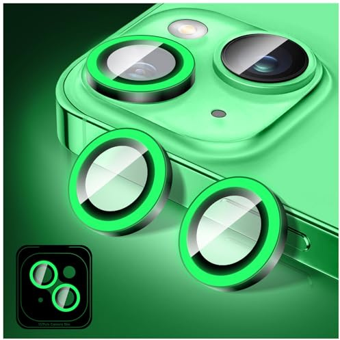 Kucheed Luminous Camera Lens Protector Compatible for iPhone 12/12 Mini, Bling Noctilucent Tempered Glass Camera Cover Film Stickers, Glow in the Dark Automatic Alignment Alloy Rings