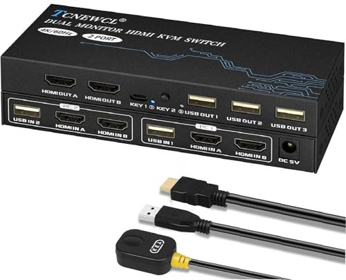 TCNEWCL KVM Switch 2 Monitors 2 Computers, 4K@60Hz Dual Monitor KVM Switch for 2 PC Share 2 Monitor 3 USB 2.0 Hub with 4 HDMI Cables+2 USB Cable and Desktop Controller