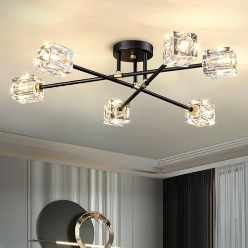 JUJUQI Sputnik Kronleuchter Kristall Deckenleuchte Vintage Deckenlampe Schwarz und Gold Retro Deckenlampe 6-Lichter für Schlafzimmer Esszimmer Wohnzimmer