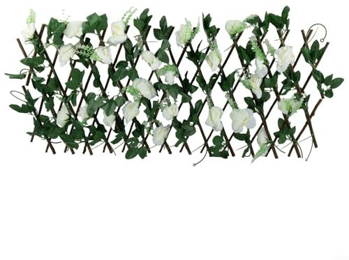 Clôture télescopique en bois, treillis extensible avec feuilles de vigne artificielles, parfait pour balcon et mur (blanc)