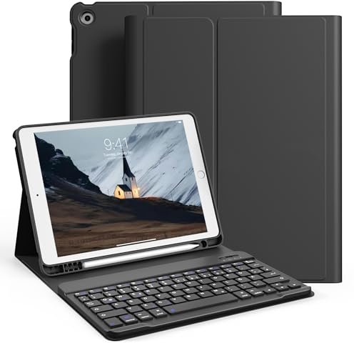 zoyu Hülle mit Tastatur für iPad 9./8./7. Generation 10,2 Zoll 2021/2020/2019, Magnetische Anti-Detach Tastatur mit Stifthalter, Flip Stand Cover iPad 10.2 Zoll Keyboard, QWERTZ Layout, Schwarz