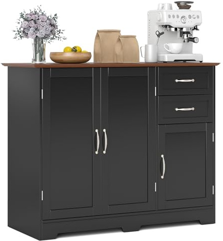 GIANTEX Armoire de Cuisine avec Plan de Travail, Buffet de Cuisine, avec 2 tiroirs et étagère réglable, Armoire d'appoint avec Portes, Multi-usages, 100 x 40 x 78 cm, Noir