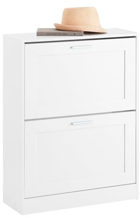 SoBuy Schuhschrank schmal Schuhkipper mit 2 Klappen – Platzsparendes Schuhregal geschlossen mit höhenverstellbaren Fächern – Für Flur, kleine Wohnungen – Weiß, 20kg Belastung， 60x80x25cm, FSR137-W