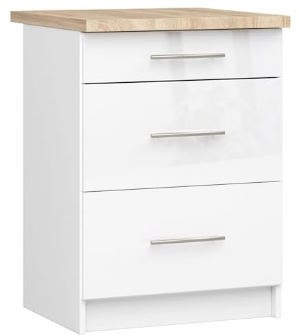AKORD | Küchenschrank mit Arbeitsplatte - Oliwia S60 | Küchenunterschrank mit 3 Schubladen | Unterschrank Küche 60 cm Breit | ABS-Kante 18 mm | 46 x 60 x 85 cm | Weiß & Weiß glänzend