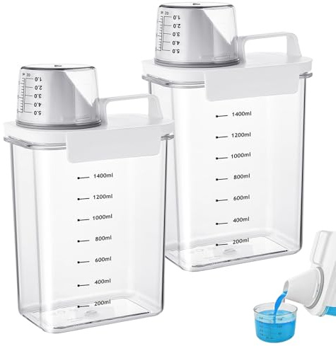 Waschmittel Aufbewahrung, 2 Stück 1800ml Luftdichter Waschmittelspender mit Messbecher, Mehrzweck Waschmittelbox für Pulver, Transparente Waschpulver Aufbewahrungsbox, für Waschpulver