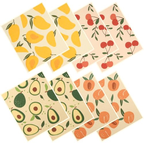 BOBASH 8Pcs Swedish Dishcloths for Kitchen, Reusable Dish Cloths Kitchen Dishcloths, Super Absorbent Cellulose Sponge Paper Towels Washable Kitchen Dish Towels for Kitchen Washing Dishes (Fruit)