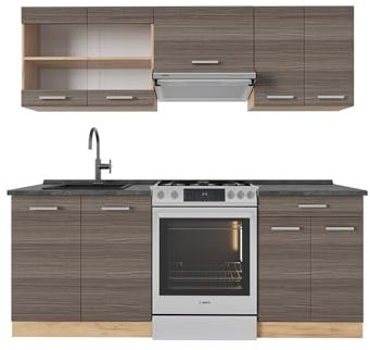 Vicco Küchenzeile R-Line, Edelgrau/Goldkraft Eiche, 200 cm, AP Anthrazit
