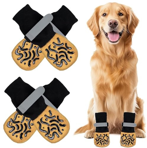 Guyode 4 Pièces Chaussette Chien Antidérapantes Double Face, Chausson Chien Intérieur Protection Patte Chien avec Fermeture Réglable, Textiles et Accessoires pour Chiens Protection Plaie (L)