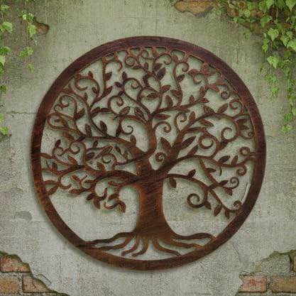 Round Tree of Life Metal Wall Art, Copper-Finish, Decorative Garden Wall Hanging, 40cm powder coated