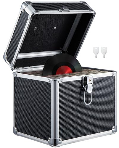 Trintion LP-Aufbewahrungskoffer 7-Zoll-Schallplatten-Aufbewahrungsbox 23 x 22 x 19 cm Vinyl-LP-Aufbewahrungsbox Koffer aus Aluminium tragbar abschließbar DJ-Flug-Tragekoffer für 50 Alben Schallplatten