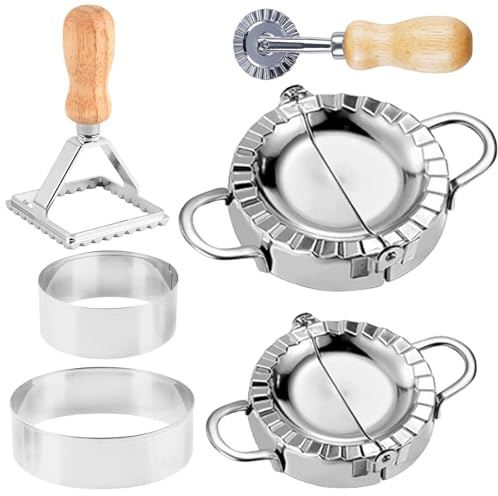 GOMETY - Set di 6 stampi per ravioli, in acciaio inox, con tagliapasta e rotella per ravioli, con manico in legno per fare ravioli
