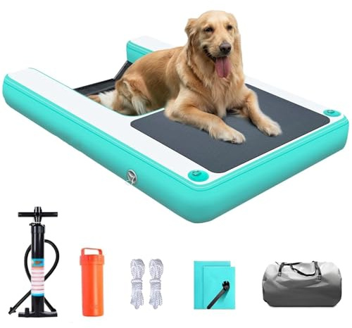 MZZKFC Wasser Hundekletterleiter Für Große Hunde, Faltbare Hund Pool Rampe Mit Eva Anti-Rutsch-Pad & 3 Nylon-Griff & Gewichtetes Netz Unter Wasser, 3D-Stufen-Design, Hund Boot Rampe Pool See(Green)
