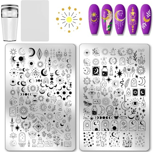 PH PandaHall 2pcs Pochoirs Ongles Étoile Lune Motif Nail Stamp Plaque Soleil Lune Phases Impression Art Modèle Acier Inoxydable Étoile Ongles Pochoir Ensemble pour Femmes DIY Impression 14.5x9.5cm