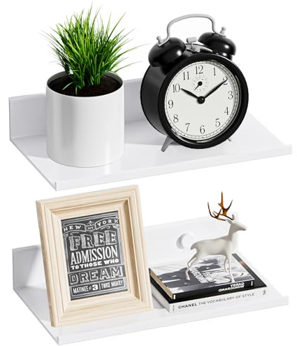 Wisfame Wandregal Weiß Ohne Bohren 2er Set, 20cm Metall Schweberegal Wand, Modern Kleine Wandmontage Display Ledges für Wohnzimmer, Schlafzimmer, Badezimmer, Küche Dekor