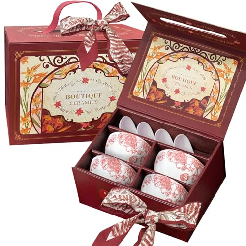 Ceramic Bowls Underglaze Red Sets, Japanese Bowl Gifts Include 4 Soup Spoons 4 Bowls, Salad, Cereal, Japanese Snacks Bowl, Premium Gift Box Suitable Birthday Gifts for Women, Christmas, Easter etc