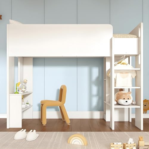 Kinderbett, Hochbett Einzelbett 90 x 200 cm, Vielseitiges 3-in-1 Holzbett- Mit Aufbewahrungsfächern, Kleiderschrank, offenen Regaleinheiten und Treppe, Weiß