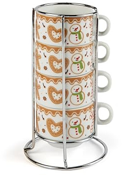 Excelsa Wonderful Ginger Juego de 4 tazas de café de porcelana con diseño navideño de muñeco de nieve con soporte metálico