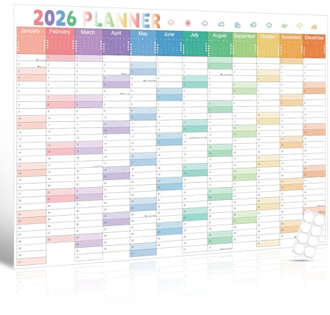 Wall Planner 2026 - A1 (84.1 x 59.4cm) - Double-Sided Laminated Yearly Schedule Calendar with 8 Stickers, Folded Packaging, Home Office School Wall Organiser, Month in Columns & Day Alignment, Rainbow