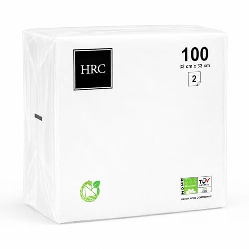 HRC 100 Weiße Papierservietten – Weiche & Hochwertige Einwegservietten, Kompostierbar – Perfekt für Geburtstage, Hochzeiten, Babypartys & Alltag, 2-lagig, 33x33 cm, Hergestellt in der EU